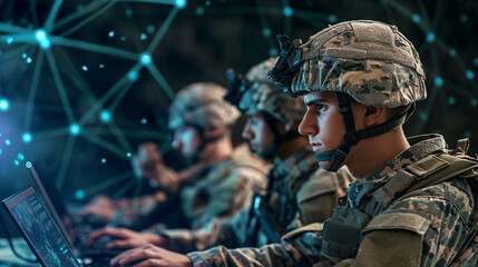 Military operation in action, Soldiers using military grade laptop targeting enemy with satellite
