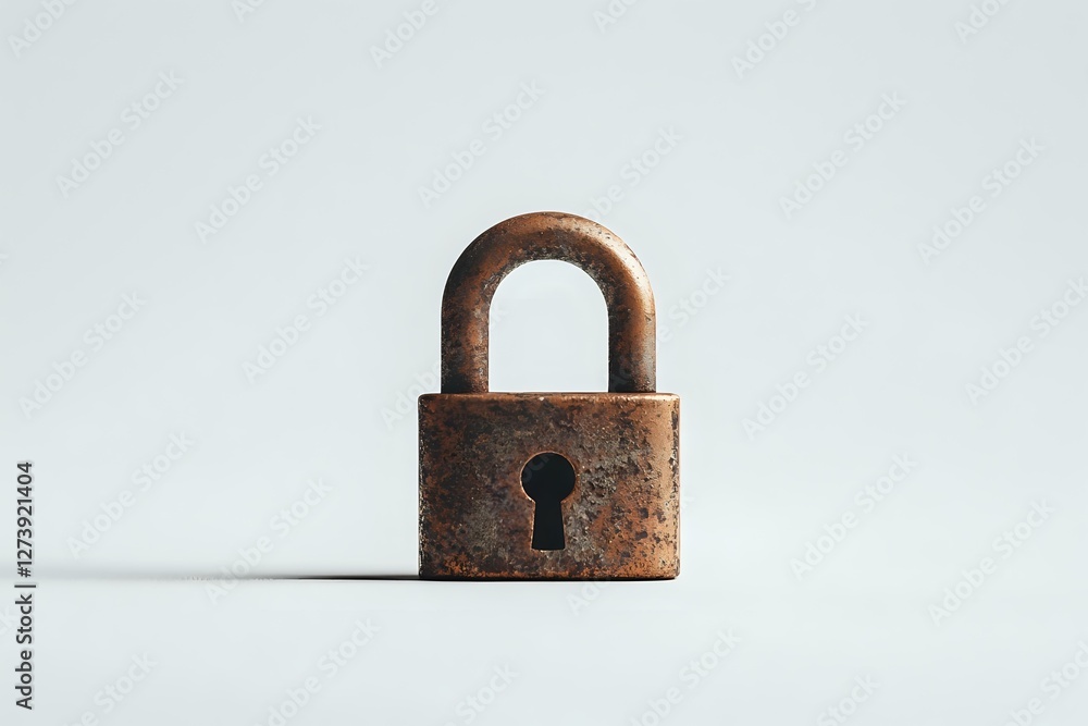 Poster rusty vintage padlock on white background with dramatic shadow, symbolizing security, privacy protec