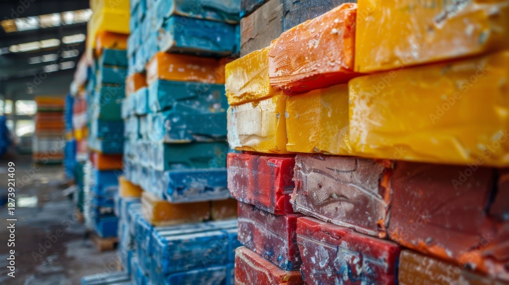 Poster Brightly colored wax blocks are densely stacked in a warehouse, displaying a variety of rich colors and textures under natural light, creating an appealing visual experience.