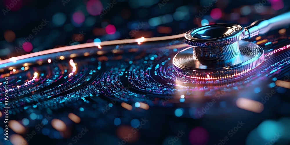 Poster macro shot of vinyl record surface with water drops and colorful bokeh lights creating abstract patt