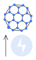 Graphene molecule with hexagonal structure, blue dots at vertices, and energy symbol. Black arrow points upward. Ideal for technology, energy, science, research, innovation education progress