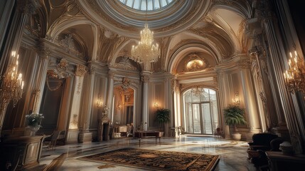 a classic interior with a towering dome, featuring ornate architectural details and a chandelier hanging from the center