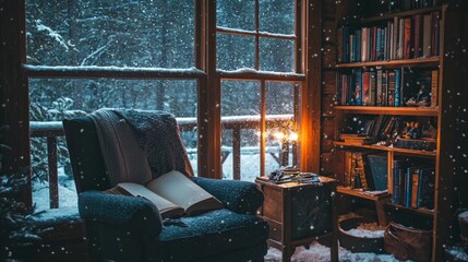 Cozy Reading Nook with Snowy Window and Warm Library Atmosphere