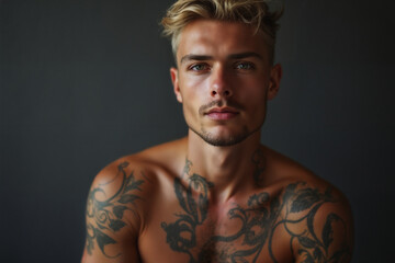 portrait of a young shirtless man with tattoos all over his body
