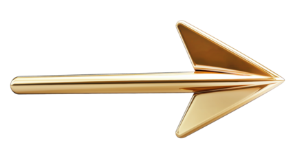Golden metal arrow pointing upwards, blank background, isolated on transparent background in PNG