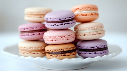 Obraz premium Colorful French macarons in pastel pink, purple, peach and cream shades stacked on white plate, sweet meringue sandwich cookies with filling for dessert menu.