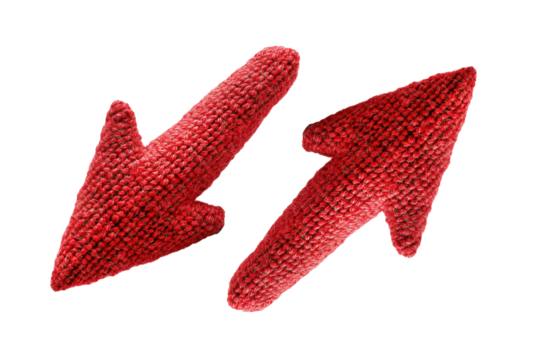 Knitted red wool arrows pointing left and right, blank background, isolated on transparent background in PNG.