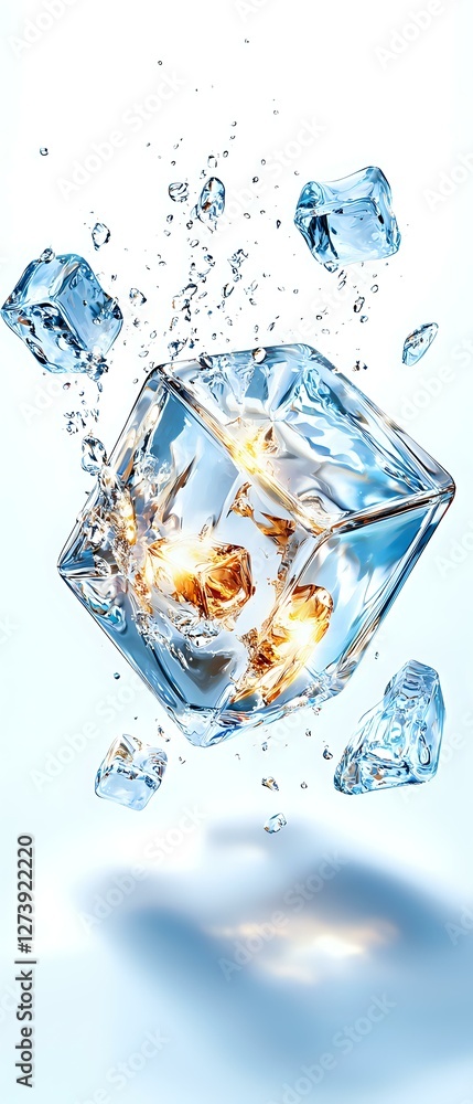 Poster exploding ice cube with glowing energy core surrounded by water drops and smaller ice fragments agai