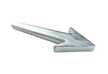 Sleek metallic downward arrow design, blank background, isolated on transparent background in PNG