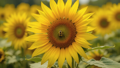 Fototapeta premium Sunflower with Bee on Bright Yellow Petals in a Vibrant Summer Field
