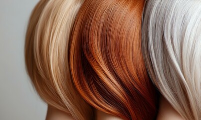 Fototapeta premium Close up of different hair colors ranging from platinum blonde to copper red and silver gray, showing smooth silky texture and natural hair movement.
