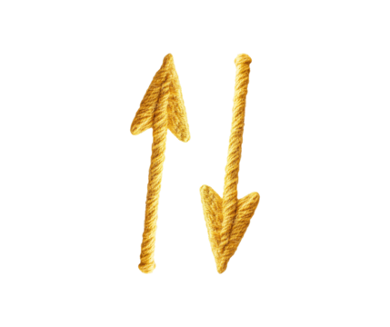Woolen yellow arrows pointing up and down, blank background, isolated on transparent background in PNG