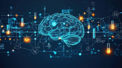 Digital representation of a brain with interconnected data streams and glowing elements, symbolizing AI
