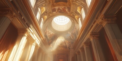 Obraz premium the Vatican ceiling fresco, emphasizing its expansive scale and masterful narrative details in soft, natural lighting.