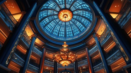 Fototapeta premium an interior space with a high dome, decorated with intricate designs, and a sparkling chandelier at its center, radiating light across the lavish room.