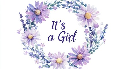 Purple floral wreath announcing "It's a Girl".