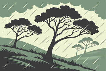  Stormy landscape, wind-swept trees, dark ominous sky, heavy rain, moody atmosphere, bent trees, gale force winds, dramatic weather, misty forest, nature's fury, atmospheric scene, green foliage, tu