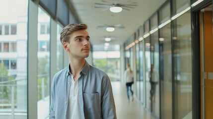 Thoughtful young professional navigating a modern office hallway