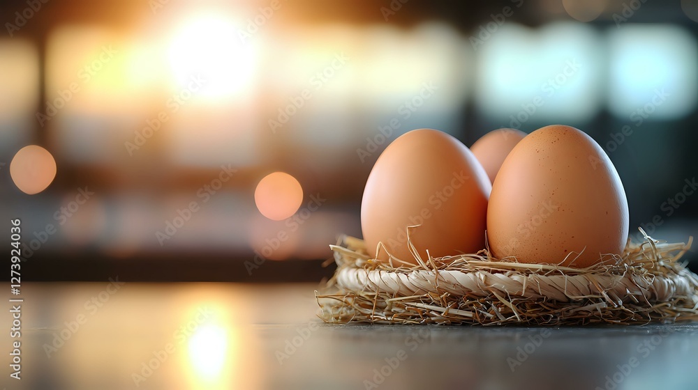 Poster fresh brown eggs nestled in natural straw nest with soft bokeh background and warm morning sunlight 
