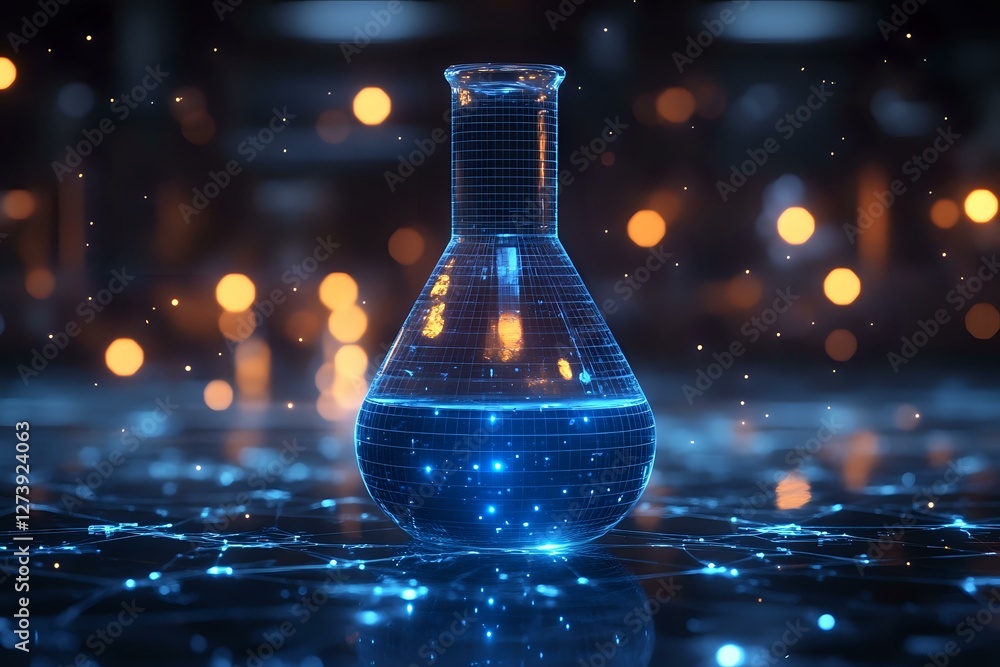 Poster glowing blue laboratory flask with magical sparkles and bokeh lights on dark reflective surface agai