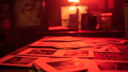 Red-lit darkroom table with scattered photographs.