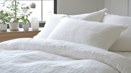 Close Up of Fluffy White Bedding with Pillows and Comforter near Window with Potted Plants