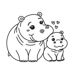Line art of mother hippo kissing on her baby hippo's head cartoon vector