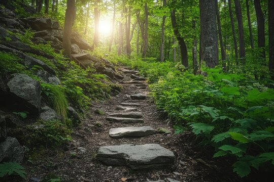 A clear pathway with rocks forming over it in the middle of a luscious green wild forest on a bright sunny day, professional nature photography - Powered by Adobe