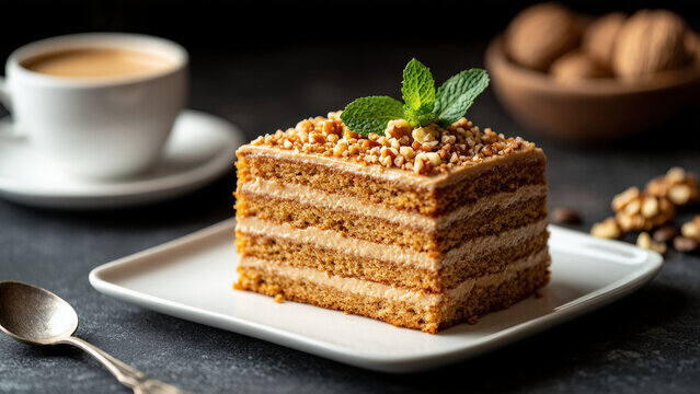 A slice of layered Marlenka honey cake topped with crushed nuts and a mint leaf sits on a white plate, accompanied by a cup of coffee and walnuts in the background.