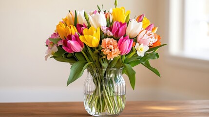 Bright and colorful bouquet of tulips and flowers in a clear vase on a wooden table during daylight