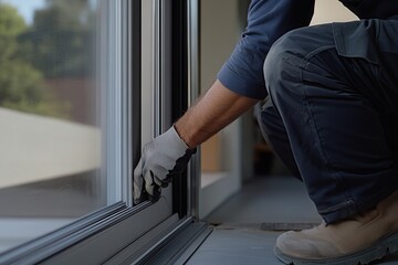A hands-on shot of the final inspection during a sliding window installation, showcasing attention to detail and craftsmanship