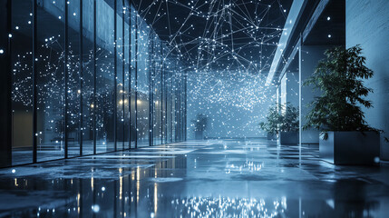 Global communication network set against minimalistic loft interior. Interconnected business, human resources collaboration, teamwork, product placement, connection, industry