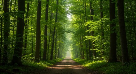 Obraz premium Footpath through Natural Forest of Beech Trees illuminated by Sunbeams through Fog generative ai