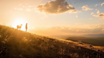 Person and sheep silhouettes on hilltop at sunset.