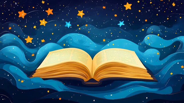 A whimsical and colorful background for International Children’s Book Day, featuring an open storybook with magical elements like flying books, stars, and a dreamy night sky