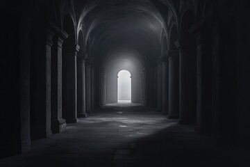 Fototapeta premium an underground tunnel stretching far into the distance, with the flickering light at the end casting deep shadows on the walls.