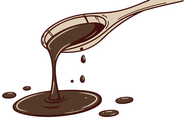  Dark liquid, wooden spoon, dripping syrup, rich brown color, close-up photography, white background, glossy texture, viscous fluid, culinary ingredient, simple composition, contrast, food photograp