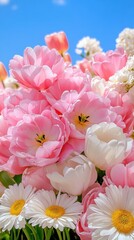 Vibrant display of pink and white flowers under a clear blue sky in a sunny garden setting