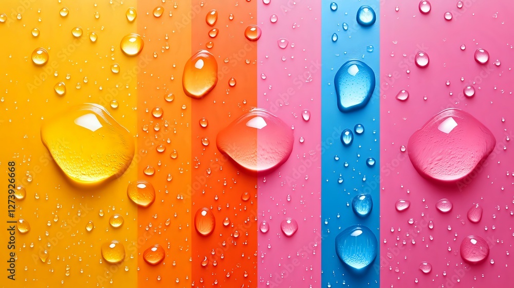 Poster colorful vertical stripes with water drops creating dynamic surface tension effect. realistic conden