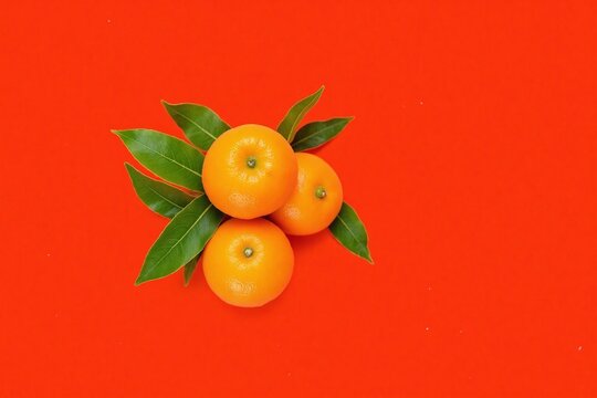 Three oranges with green leaves on red background triangular formation