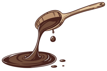  Dark liquid, wooden spoon, dripping syrup, rich brown color, close-up photography, white background, glossy texture, viscous fluid, culinary ingredient, simple composition, contrast, food photograp