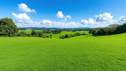 Obraz premium Expansive green landscape under a vibrant blue sky filled with fluffy clouds during a sunny day