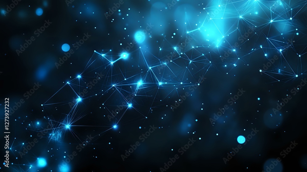 Poster glowing blue network connections with light particles floating in dark space create futuristic techn