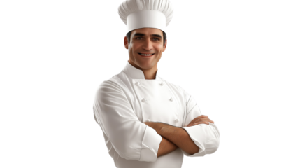 Chef in a traditional white uniform and tall hat, arms crossed, confident smile, isolated on a transparent background
