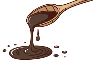  Dark liquid, wooden spoon, dripping syrup, rich brown color, close-up photography, white background, glossy texture, viscous fluid, culinary ingredient, simple composition, contrast, food photograp