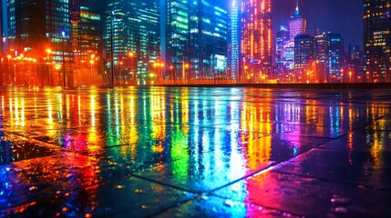 Fototapeta premium Vibrant Cityscape Reflection at Night with Colorful Lights