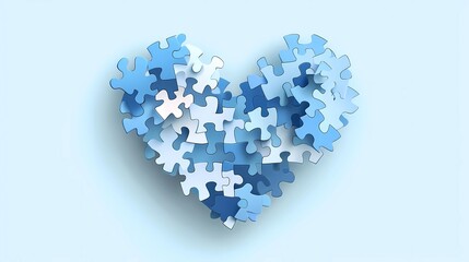 A minimalist flat illustration for World Autism Month, focusing on a beautifully arranged set of puzzle pieces forming a heart shape. The background is simple yet elegant