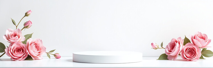 Minimalist Podium With A Soft Floral Watercolor Effect, White Background Realistic Blending, Excessive Detail 00002