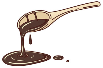  Dark liquid, wooden spoon, dripping syrup, rich brown color, close-up photography, white background, glossy texture, viscous fluid, culinary ingredient, simple composition, contrast, food photograp