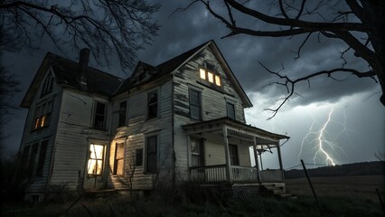 Sinister Horror House with Dark Trees, Rolling Black Clouds, Thunderstrikes, and an Ominous Night View